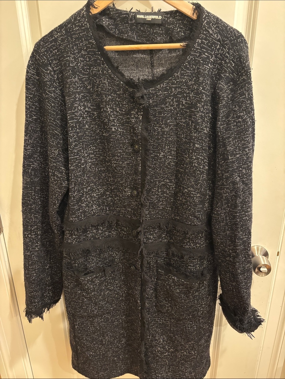 Karl Lagerfeld Black and Gray Fringe-Trim Long Knit Cardigan